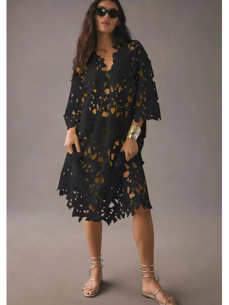 Seductive Elegance: Sexy Lace Hollow Out V-Neck Beach Dress