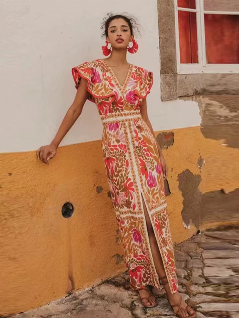 2025 Summer Backless Print Dress for Women – Sexy V Neck Long Dress with Butterfly Sleeves and Split